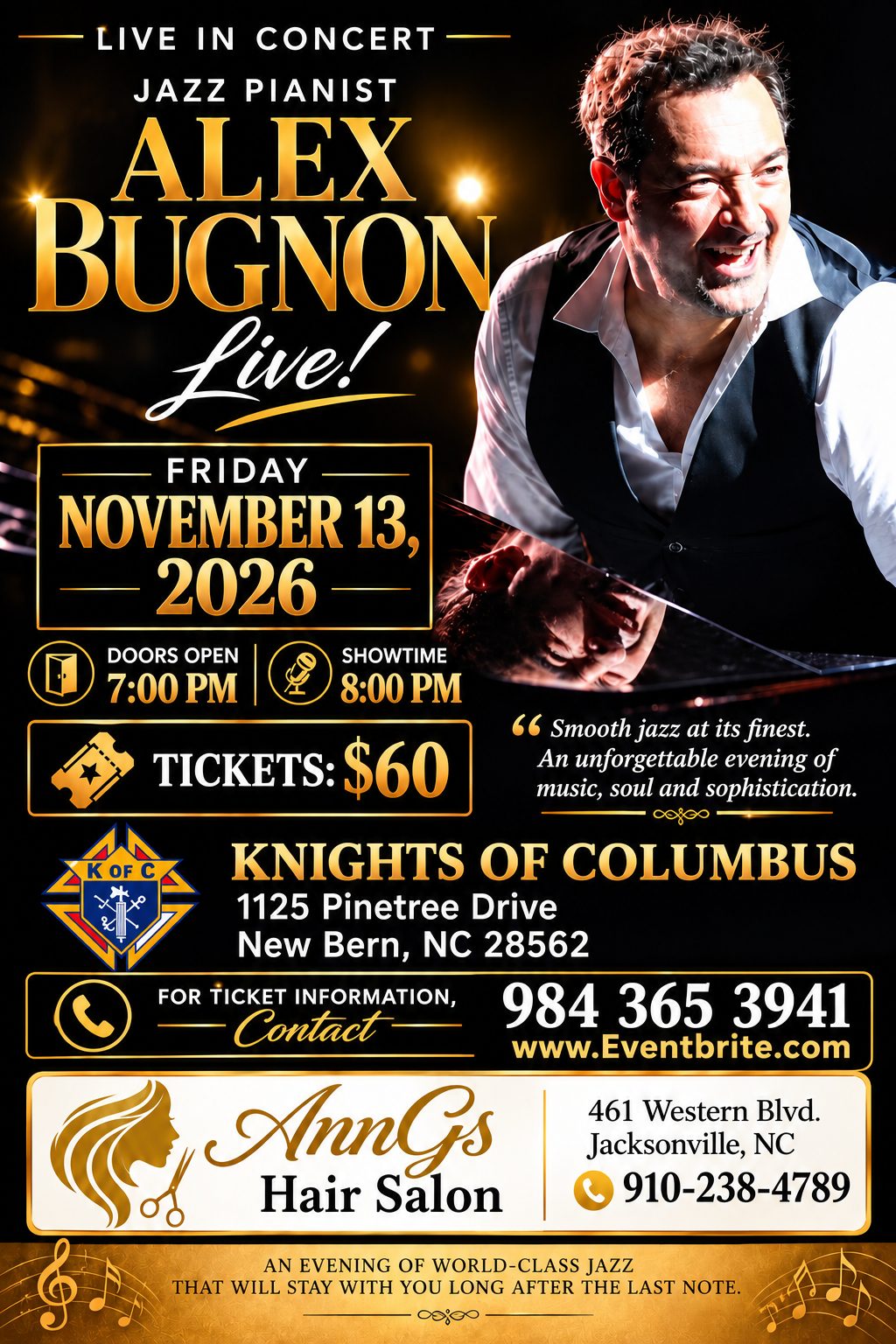Flyer: Jazz pianist Alex Bugnon live, Friday November 13, 2026, Knights of Columbus, New Bern, NC. Tickets $60.